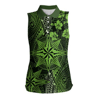 Vintage Tonga Tribal Ngatu Pattern Women Sleeveless Polo Shirt With Pacific Floral Lime Green Art LT9 Female Lime Green - Polynesian Pride