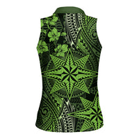Vintage Tonga Tribal Ngatu Pattern Women Sleeveless Polo Shirt With Pacific Floral Lime Green Art LT9 - Polynesian Pride