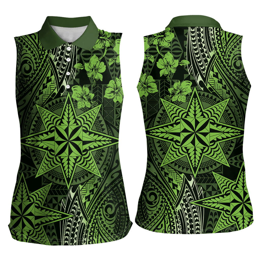 Vintage Tonga Tribal Ngatu Pattern Women Sleeveless Polo Shirt With Pacific Floral Lime Green Art LT9 - Polynesian Pride