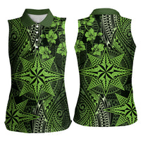 Vintage Tonga Tribal Ngatu Pattern Women Sleeveless Polo Shirt With Pacific Floral Lime Green Art LT9 - Polynesian Pride