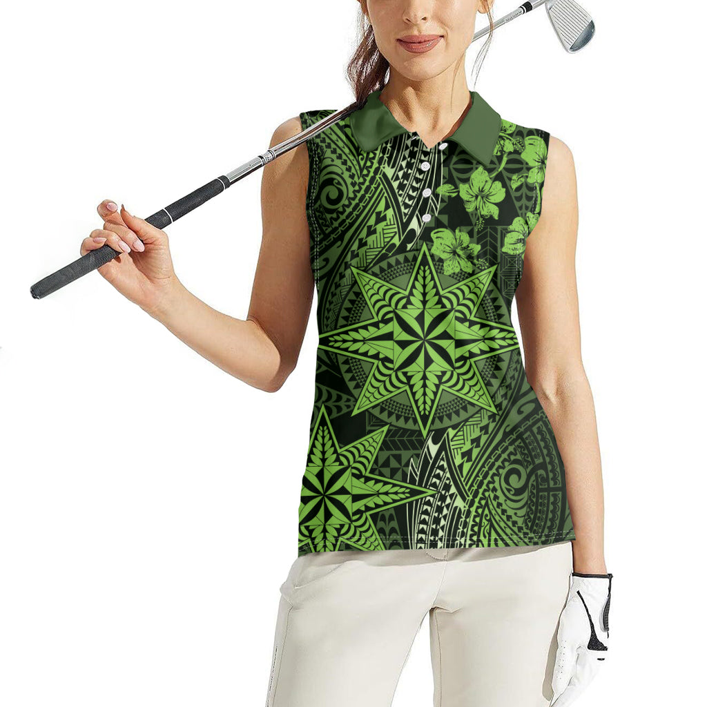 Vintage Tonga Tribal Ngatu Pattern Women Sleeveless Polo Shirt With Pacific Floral Lime Green Art LT9 - Polynesian Pride