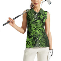 Vintage Tonga Tribal Ngatu Pattern Women Sleeveless Polo Shirt With Pacific Floral Lime Green Art LT9 - Polynesian Pride