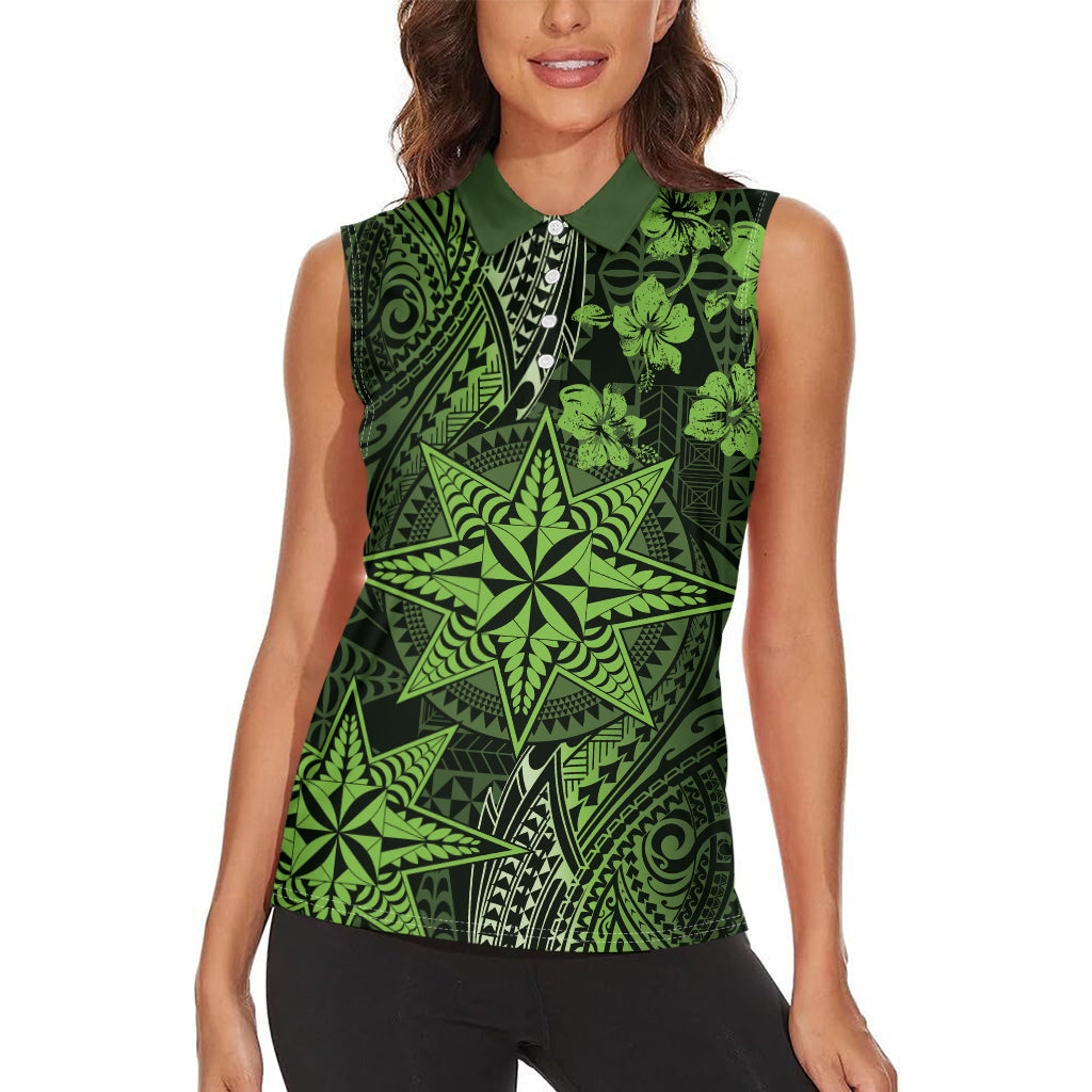 Vintage Tonga Tribal Ngatu Pattern Women Sleeveless Polo Shirt With Pacific Floral Lime Green Art LT9 - Polynesian Pride