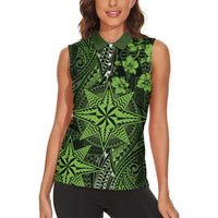 Vintage Tonga Tribal Ngatu Pattern Women Sleeveless Polo Shirt With Pacific Floral Lime Green Art LT9 - Polynesian Pride