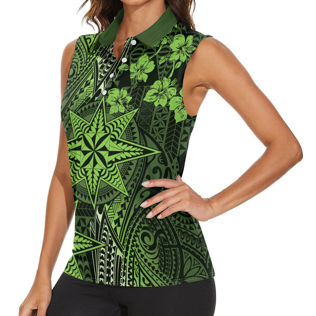 Vintage Tonga Tribal Ngatu Pattern Women Sleeveless Polo Shirt With Pacific Floral Lime Green Art LT9 - Polynesian Pride