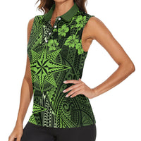 Vintage Tonga Tribal Ngatu Pattern Women Sleeveless Polo Shirt With Pacific Floral Lime Green Art LT9 - Polynesian Pride