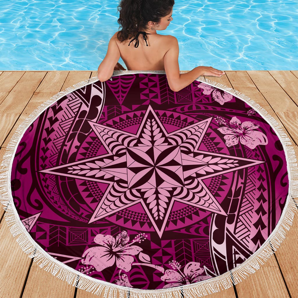 Vintage Tonga Tribal Ngatu Pattern Beach Blanket With Pacific Floral Pink Art