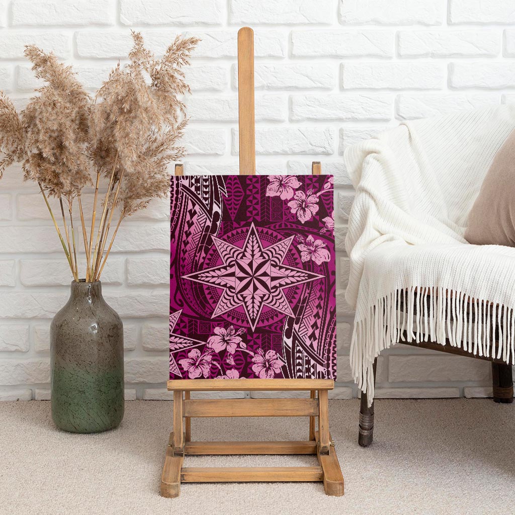 Vintage Tonga Tribal Ngatu Pattern Canvas Wall Art With Pacific Floral Pink Art