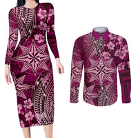Vintage Tonga Tribal Ngatu Pattern Couples Matching Long Sleeve Bodycon Dress and Long Sleeve Button Shirt With Pacific Floral Pink Art LT9 Pink - Polynesian Pride