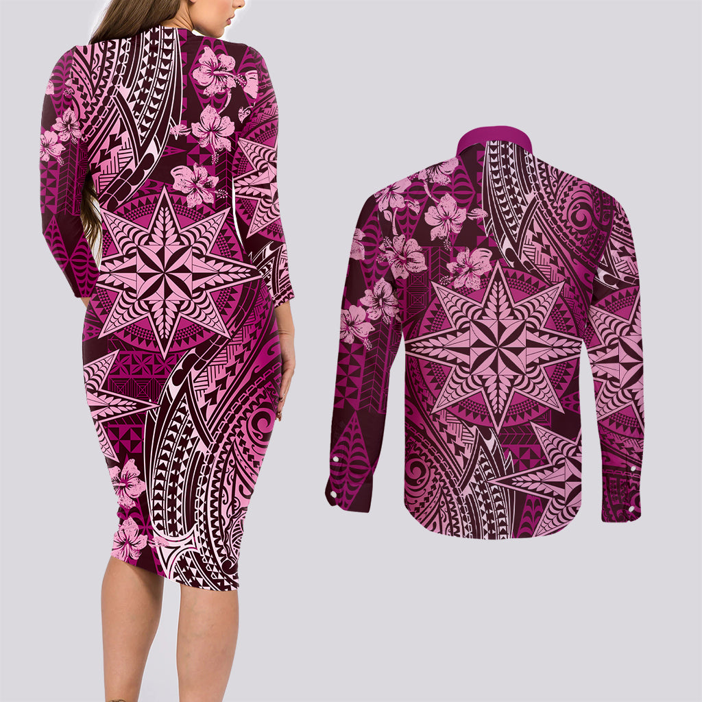 Vintage Tonga Tribal Ngatu Pattern Couples Matching Long Sleeve Bodycon Dress and Long Sleeve Button Shirt With Pacific Floral Pink Art LT9 - Polynesian Pride