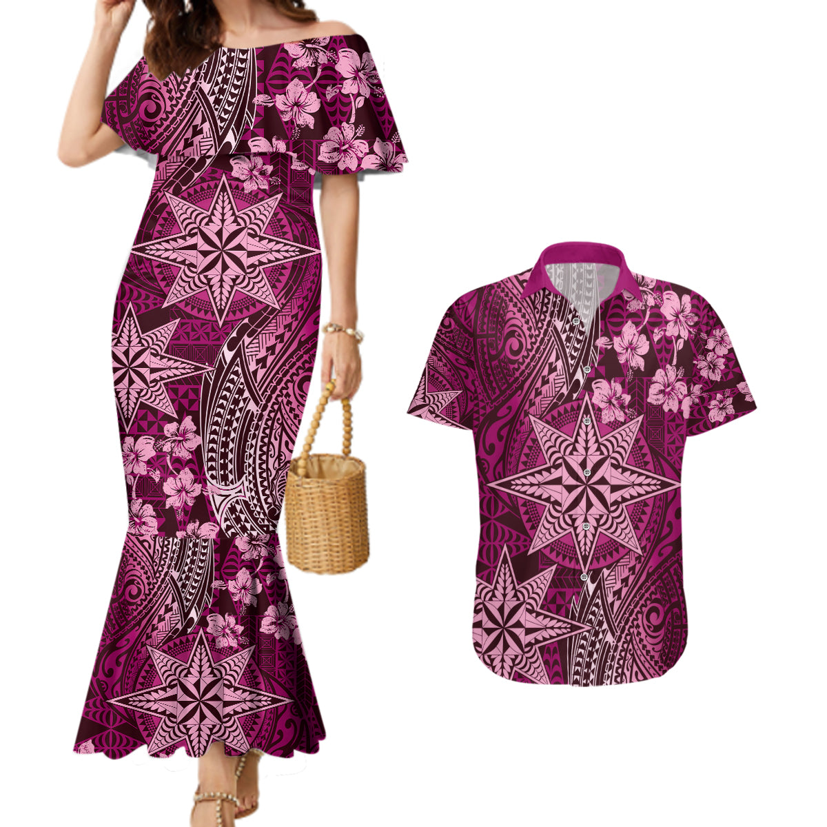 Vintage Tonga Tribal Ngatu Pattern Couples Matching Mermaid Dress and Hawaiian Shirt With Pacific Floral Pink Art LT9 Pink - Polynesian Pride