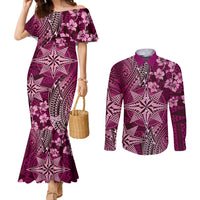 Vintage Tonga Tribal Ngatu Pattern Couples Matching Mermaid Dress and Long Sleeve Button Shirt With Pacific Floral Pink Art LT9 Pink - Polynesian Pride