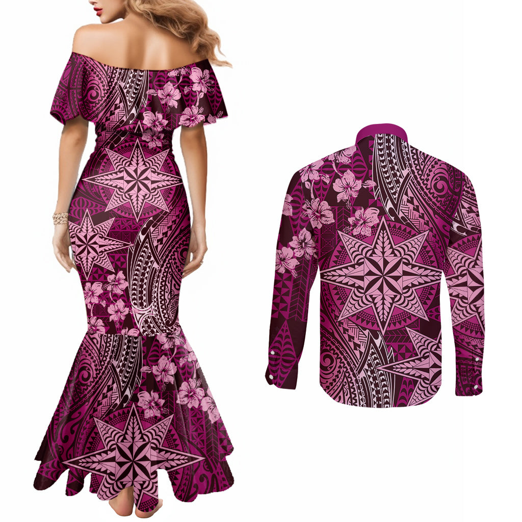 Vintage Tonga Tribal Ngatu Pattern Couples Matching Mermaid Dress and Long Sleeve Button Shirt With Pacific Floral Pink Art LT9 - Polynesian Pride