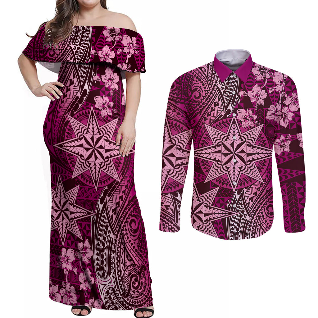 Vintage Tonga Tribal Ngatu Pattern Couples Matching Off Shoulder Maxi Dress and Long Sleeve Button Shirt With Pacific Floral Pink Art LT9 Pink - Polynesian Pride
