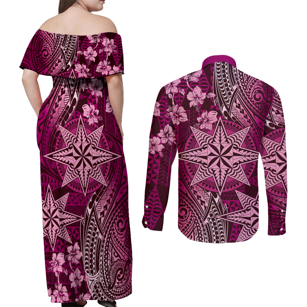 Vintage Tonga Tribal Ngatu Pattern Couples Matching Off Shoulder Maxi Dress and Long Sleeve Button Shirt With Pacific Floral Pink Art LT9 - Polynesian Pride