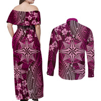 Vintage Tonga Tribal Ngatu Pattern Couples Matching Off Shoulder Maxi Dress and Long Sleeve Button Shirt With Pacific Floral Pink Art LT9 - Polynesian Pride