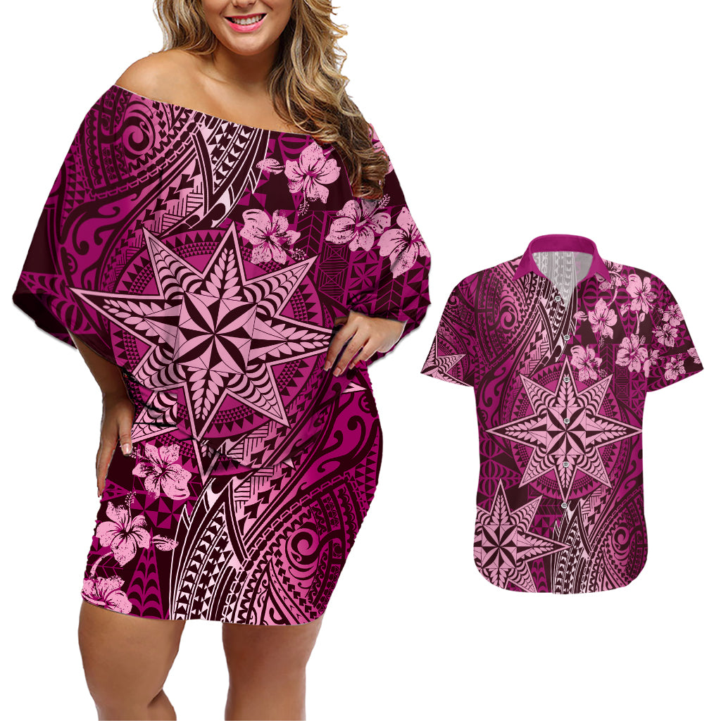 Vintage Tonga Tribal Ngatu Pattern Couples Matching Off Shoulder Short Dress and Hawaiian Shirt With Pacific Floral Pink Art LT9 Pink - Polynesian Pride
