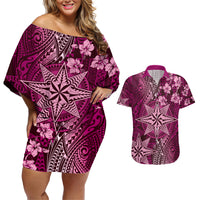 Vintage Tonga Tribal Ngatu Pattern Couples Matching Off Shoulder Short Dress and Hawaiian Shirt With Pacific Floral Pink Art LT9 Pink - Polynesian Pride