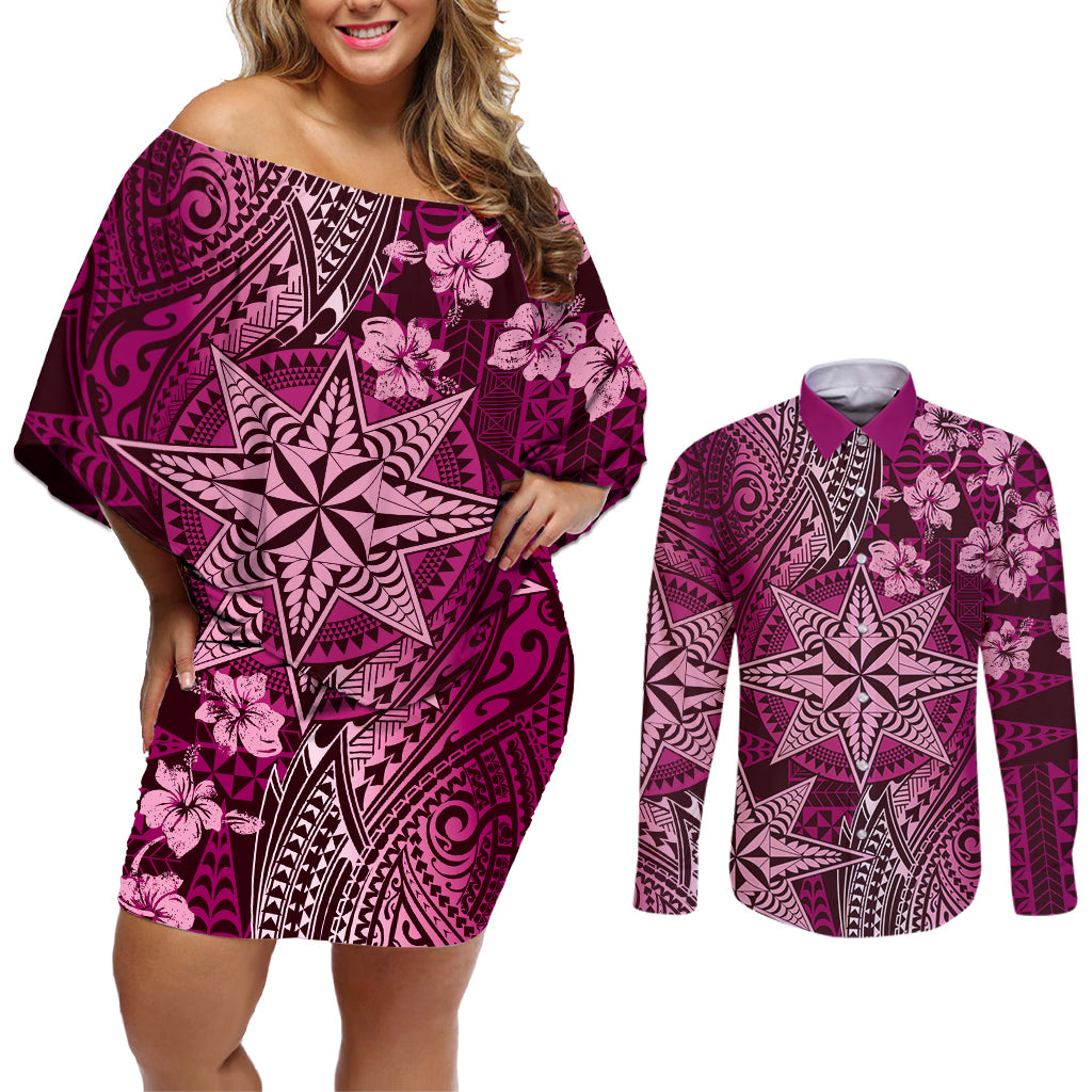 Vintage Tonga Tribal Ngatu Pattern Couples Matching Off Shoulder Short Dress and Long Sleeve Button Shirt With Pacific Floral Pink Art LT9 Pink - Polynesian Pride