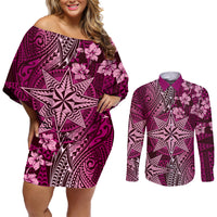Vintage Tonga Tribal Ngatu Pattern Couples Matching Off Shoulder Short Dress and Long Sleeve Button Shirt With Pacific Floral Pink Art LT9 Pink - Polynesian Pride
