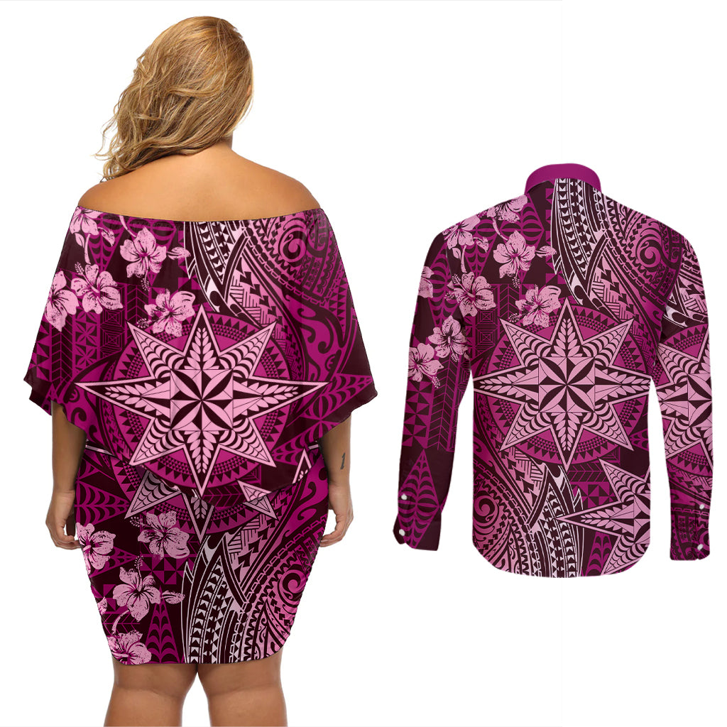 Vintage Tonga Tribal Ngatu Pattern Couples Matching Off Shoulder Short Dress and Long Sleeve Button Shirt With Pacific Floral Pink Art LT9 - Polynesian Pride