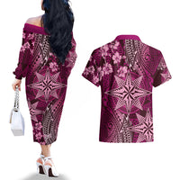 Vintage Tonga Tribal Ngatu Pattern Couples Matching Off The Shoulder Long Sleeve Dress and Hawaiian Shirt With Pacific Floral Pink Art LT9 - Polynesian Pride