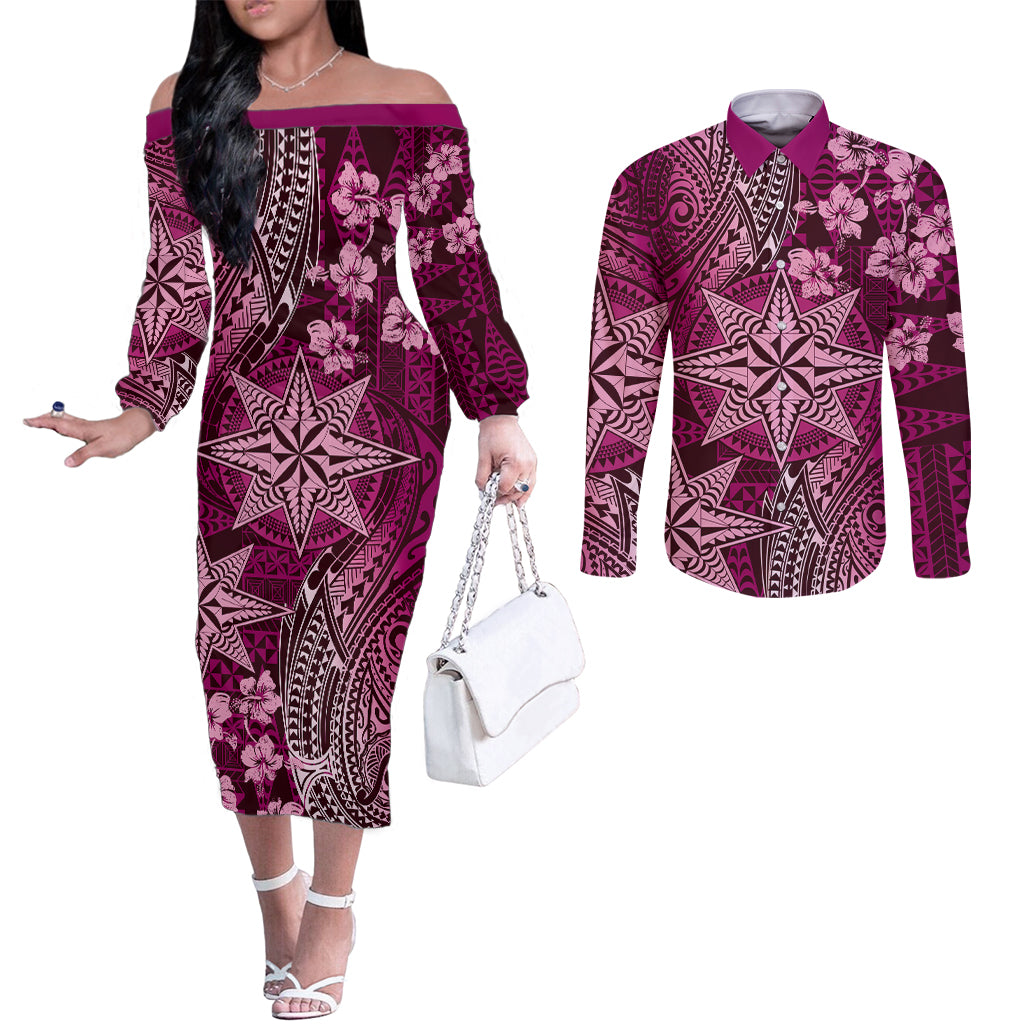 Vintage Tonga Tribal Ngatu Pattern Couples Matching Off The Shoulder Long Sleeve Dress and Long Sleeve Button Shirt With Pacific Floral Pink Art LT9 Pink - Polynesian Pride