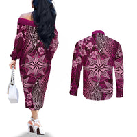 Vintage Tonga Tribal Ngatu Pattern Couples Matching Off The Shoulder Long Sleeve Dress and Long Sleeve Button Shirt With Pacific Floral Pink Art LT9 - Polynesian Pride
