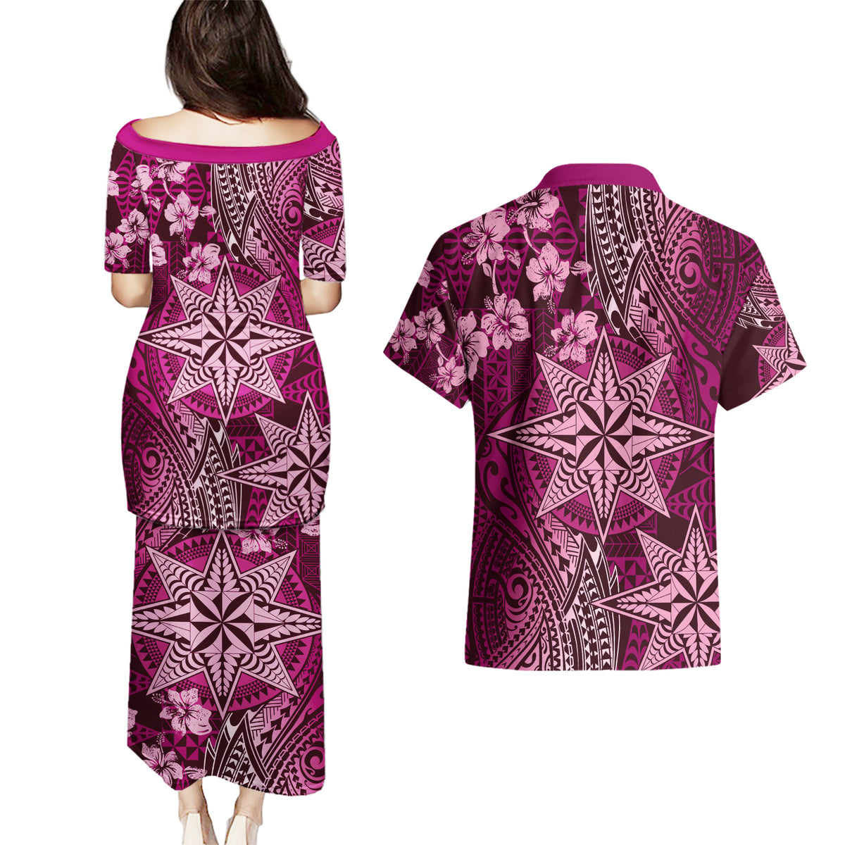 Vintage Tonga Tribal Ngatu Pattern Couples Matching Puletasi and Hawaiian Shirt With Pacific Floral Pink Art