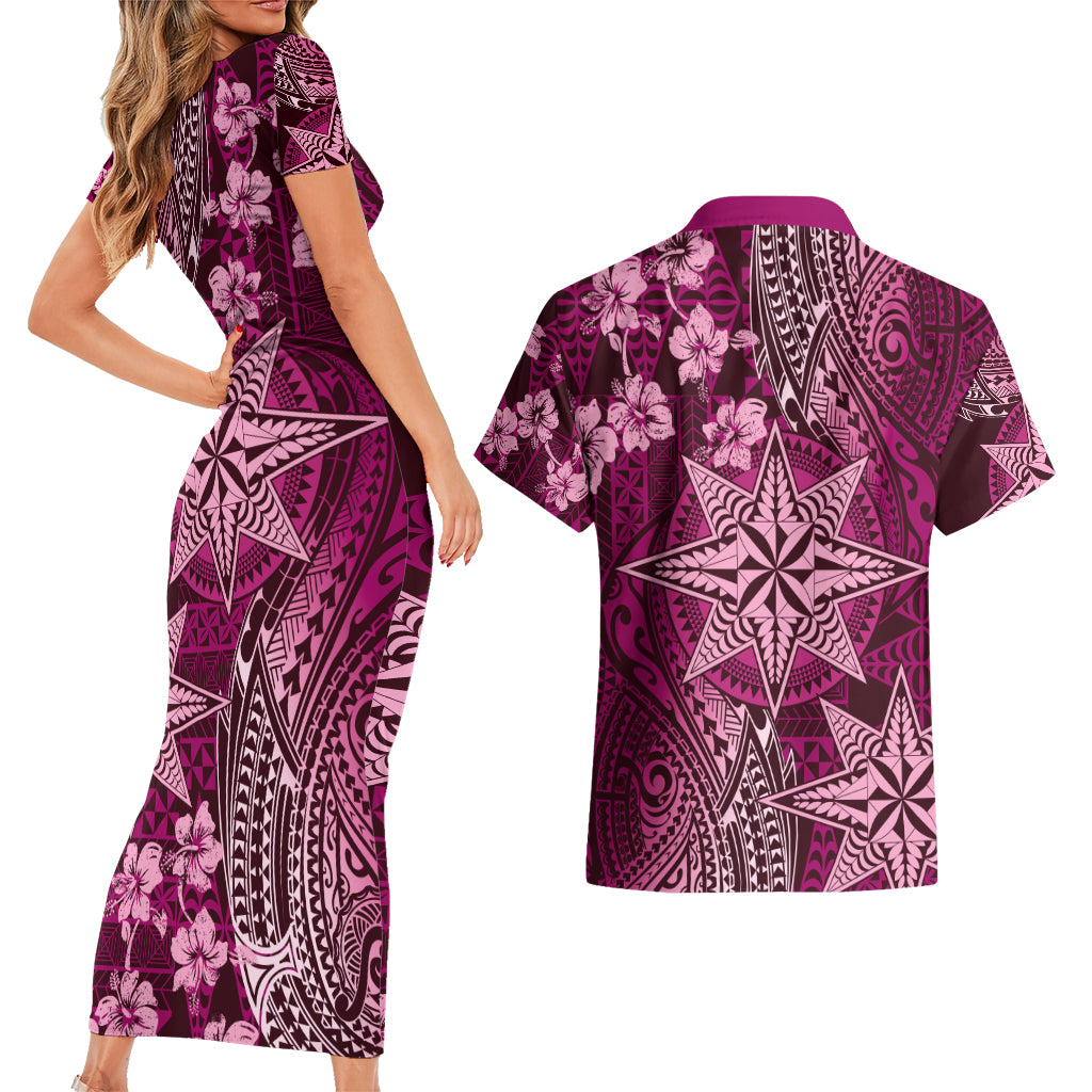Vintage Tonga Tribal Ngatu Pattern Couples Matching Short Sleeve Bodycon Dress and Hawaiian Shirt With Pacific Floral Pink Art LT9 - Polynesian Pride