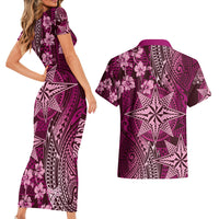 Vintage Tonga Tribal Ngatu Pattern Couples Matching Short Sleeve Bodycon Dress and Hawaiian Shirt With Pacific Floral Pink Art LT9 - Polynesian Pride