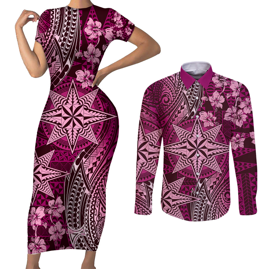 Vintage Tonga Tribal Ngatu Pattern Couples Matching Short Sleeve Bodycon Dress and Long Sleeve Button Shirt With Pacific Floral Pink Art LT9 Pink - Polynesian Pride