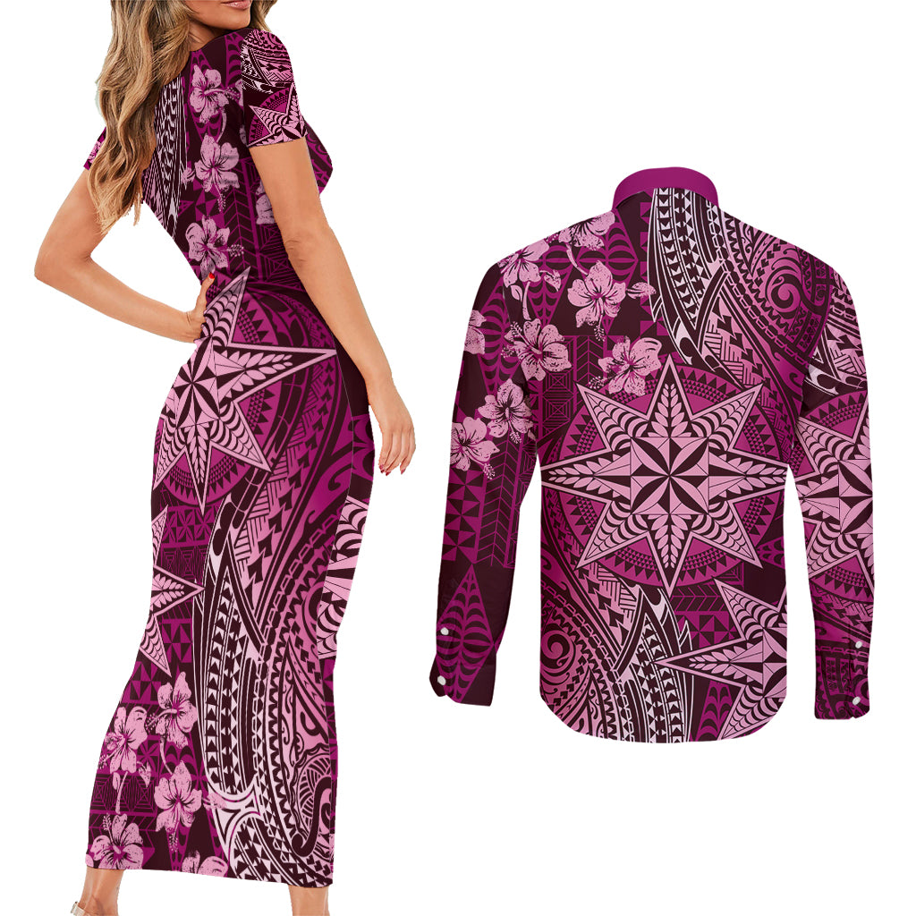 Vintage Tonga Tribal Ngatu Pattern Couples Matching Short Sleeve Bodycon Dress and Long Sleeve Button Shirt With Pacific Floral Pink Art LT9 - Polynesian Pride