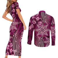 Vintage Tonga Tribal Ngatu Pattern Couples Matching Short Sleeve Bodycon Dress and Long Sleeve Button Shirt With Pacific Floral Pink Art LT9 - Polynesian Pride