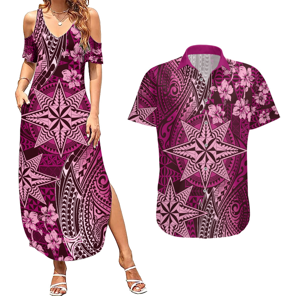 Vintage Tonga Tribal Ngatu Pattern Couples Matching Summer Maxi Dress and Hawaiian Shirt With Pacific Floral Pink Art LT9 Pink - Polynesian Pride