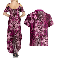 Vintage Tonga Tribal Ngatu Pattern Couples Matching Summer Maxi Dress and Hawaiian Shirt With Pacific Floral Pink Art LT9 - Polynesian Pride