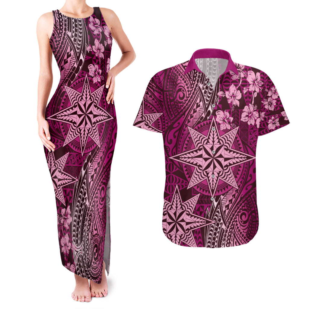 Vintage Tonga Tribal Ngatu Pattern Couples Matching Tank Maxi Dress and Hawaiian Shirt With Pacific Floral Pink Art LT9 Pink - Polynesian Pride