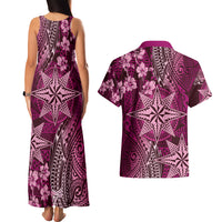 Vintage Tonga Tribal Ngatu Pattern Couples Matching Tank Maxi Dress and Hawaiian Shirt With Pacific Floral Pink Art LT9 - Polynesian Pride