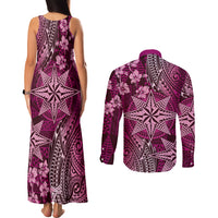 Vintage Tonga Tribal Ngatu Pattern Couples Matching Tank Maxi Dress and Long Sleeve Button Shirt With Pacific Floral Pink Art LT9 - Polynesian Pride