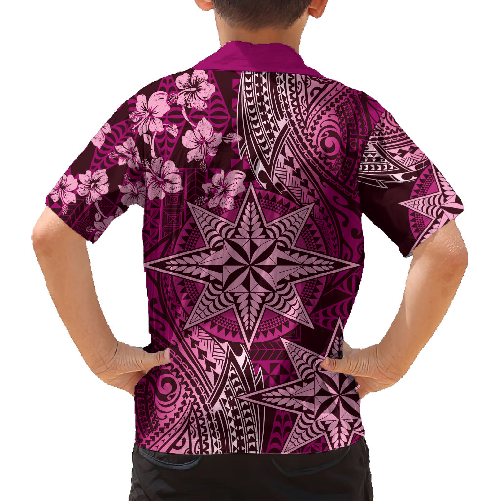 Vintage Tonga Tribal Ngatu Pattern Family Matching Long Sleeve Bodycon Dress and Hawaiian Shirt With Pacific Floral Pink Art LT9 - Polynesian Pride