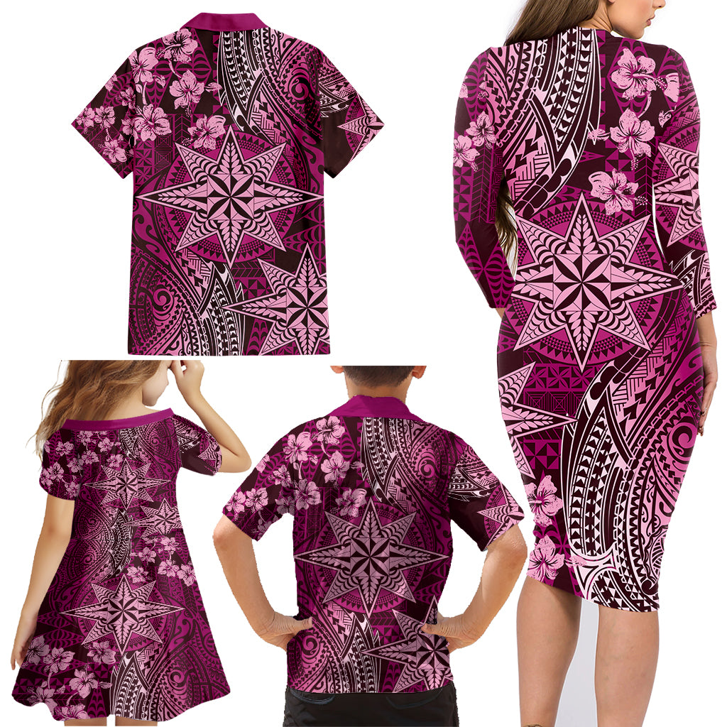 Vintage Tonga Tribal Ngatu Pattern Family Matching Long Sleeve Bodycon Dress and Hawaiian Shirt With Pacific Floral Pink Art LT9 - Polynesian Pride