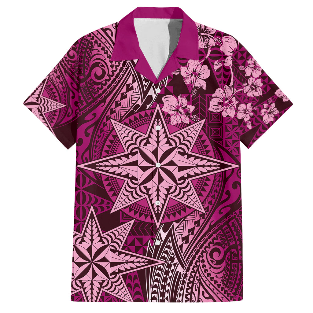 Vintage Tonga Tribal Ngatu Pattern Family Matching Long Sleeve Bodycon Dress and Hawaiian Shirt With Pacific Floral Pink Art LT9 Dad's Shirt - Short Sleeve Pink - Polynesian Pride