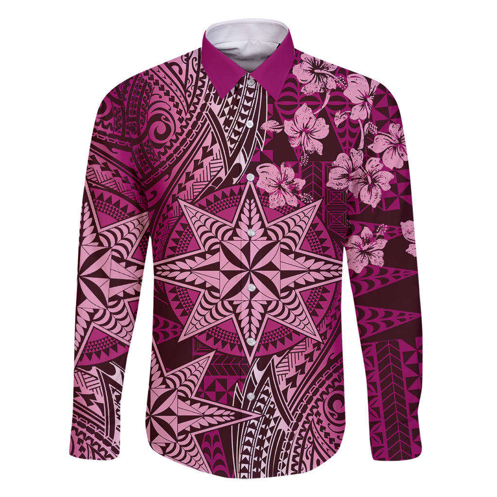 Vintage Tonga Tribal Ngatu Pattern Family Matching Long Sleeve Bodycon Dress and Hawaiian Shirt With Pacific Floral Pink Art LT9 Dad's Shirt - Long Sleeve Pink - Polynesian Pride