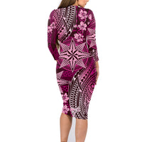Vintage Tonga Tribal Ngatu Pattern Family Matching Long Sleeve Bodycon Dress and Hawaiian Shirt With Pacific Floral Pink Art LT9 - Polynesian Pride