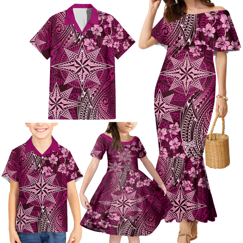 Vintage Tonga Tribal Ngatu Pattern Family Matching Mermaid Dress and Hawaiian Shirt With Pacific Floral Pink Art LT9 - Polynesian Pride