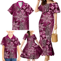 Vintage Tonga Tribal Ngatu Pattern Family Matching Mermaid Dress and Hawaiian Shirt With Pacific Floral Pink Art LT9 - Polynesian Pride