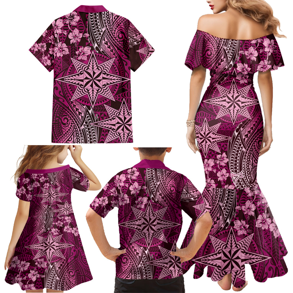 Vintage Tonga Tribal Ngatu Pattern Family Matching Mermaid Dress and Hawaiian Shirt With Pacific Floral Pink Art LT9 - Polynesian Pride