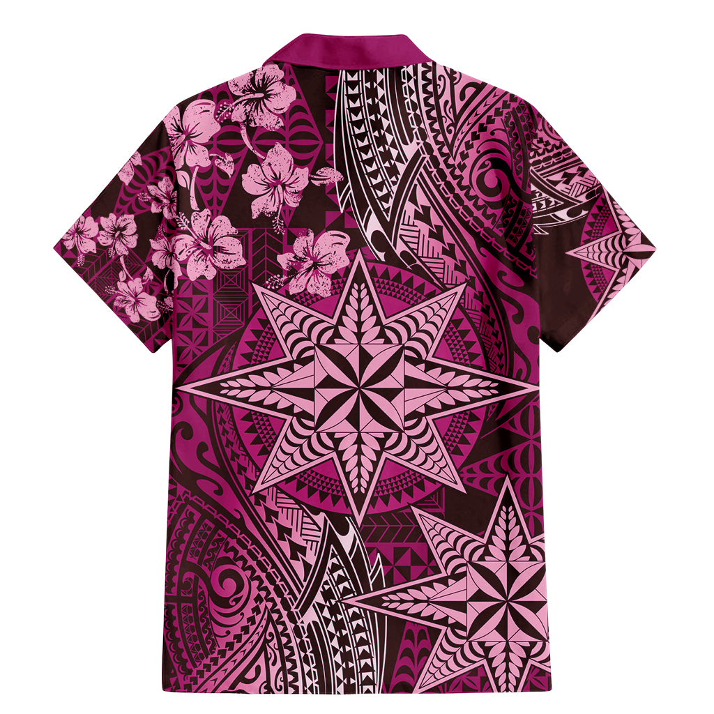 Vintage Tonga Tribal Ngatu Pattern Family Matching Mermaid Dress and Hawaiian Shirt With Pacific Floral Pink Art LT9 - Polynesian Pride