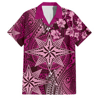Vintage Tonga Tribal Ngatu Pattern Family Matching Off The Shoulder Long Sleeve Dress and Hawaiian Shirt With Pacific Floral Pink Art LT9 Dad's Shirt - Short Sleeve Pink - Polynesian Pride