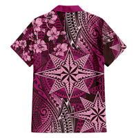 Vintage Tonga Tribal Ngatu Pattern Family Matching Off The Shoulder Long Sleeve Dress and Hawaiian Shirt With Pacific Floral Pink Art LT9 - Polynesian Pride